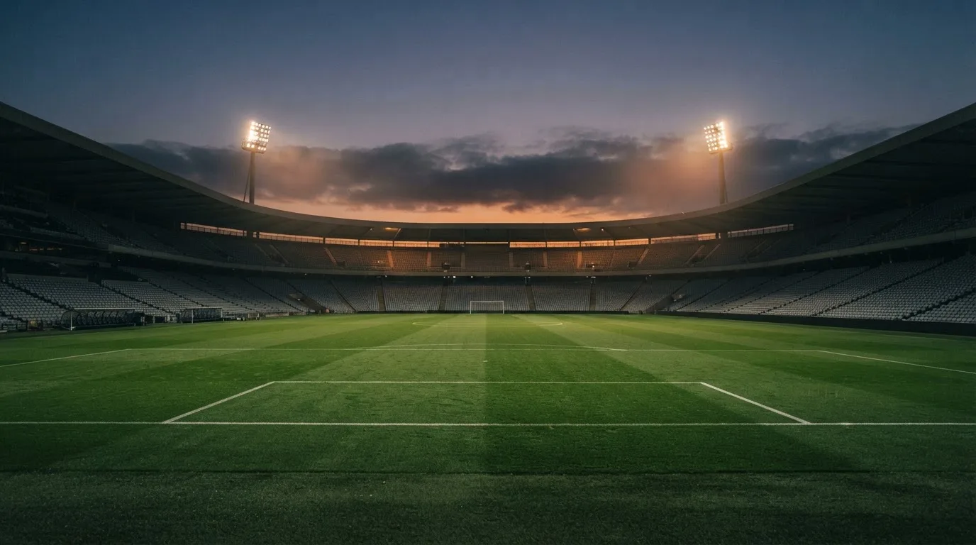 An empty football stadium with floodlight masts at dusk