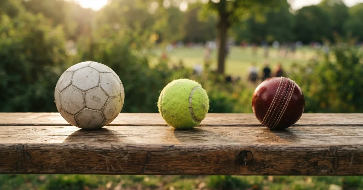 Three balls of different kinds side by side on a wooden bench