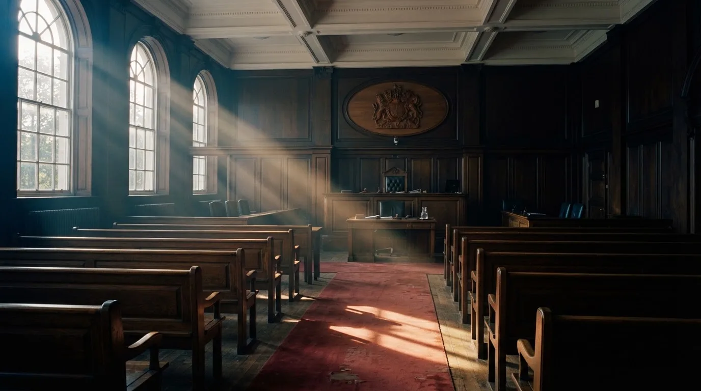 An empty courtroom with wooden benches in morning light