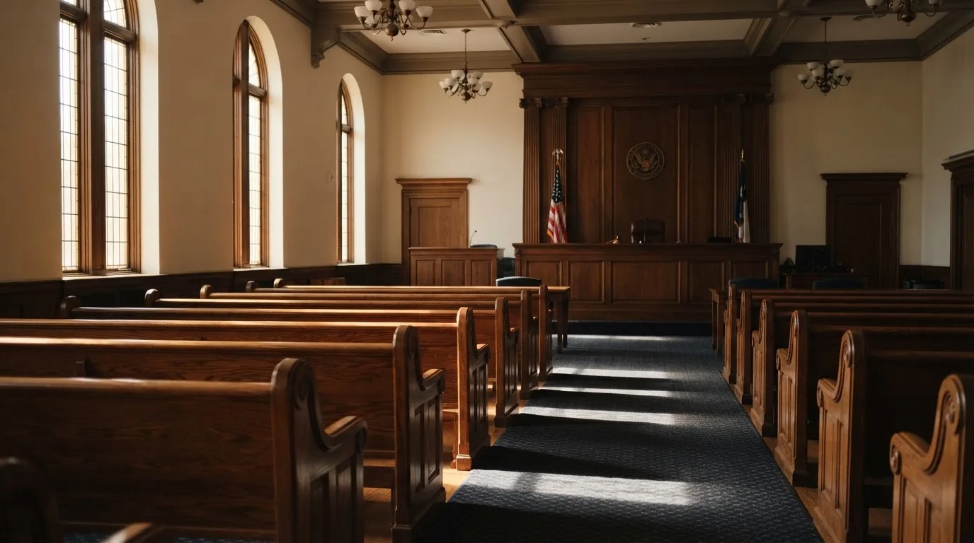 An empty courtroom with wooden benches in morning light
