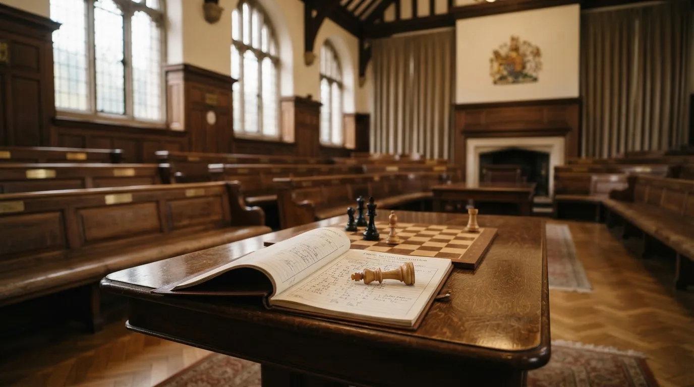 An empty courtroom with wooden benches in morning light