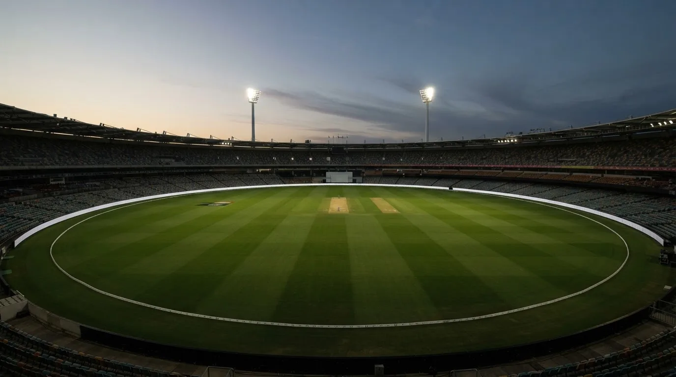An empty football stadium with floodlight masts at dusk