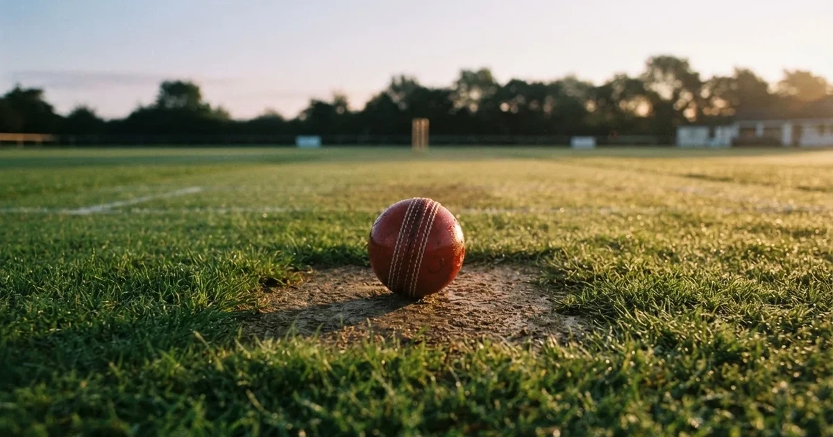 A ball on the centre spot of a grass pitch in morning light