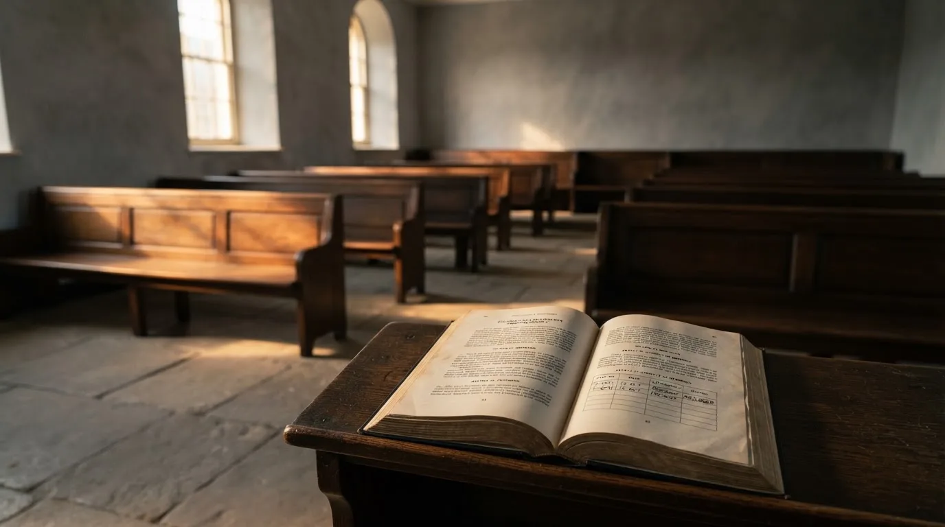An empty courtroom with wooden benches in morning light