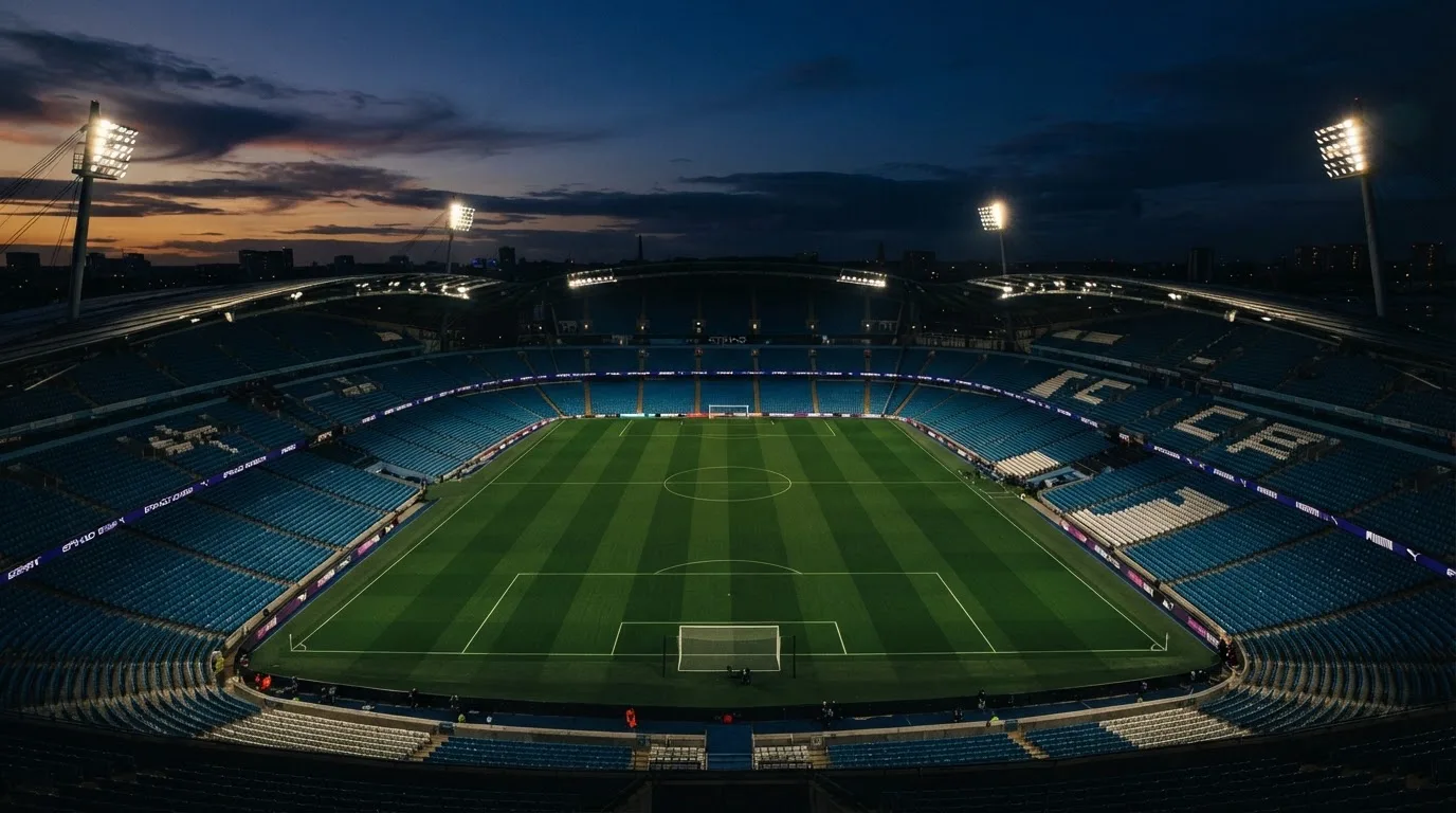 An empty football stadium with floodlight masts at dusk