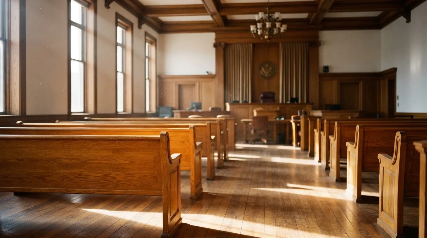 An empty courtroom with wooden benches in morning light