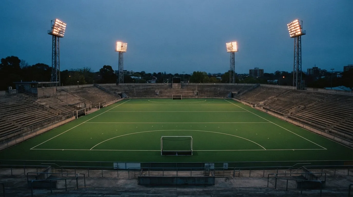 An empty football stadium with floodlight masts at dusk