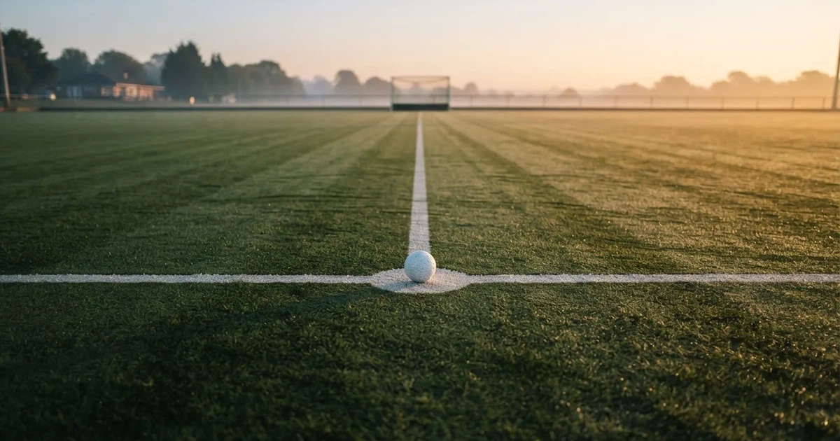 A ball on the centre spot of a grass pitch in morning light