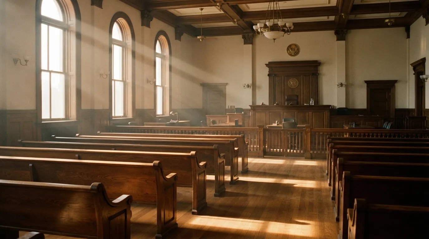 An empty courtroom with wooden benches in morning light