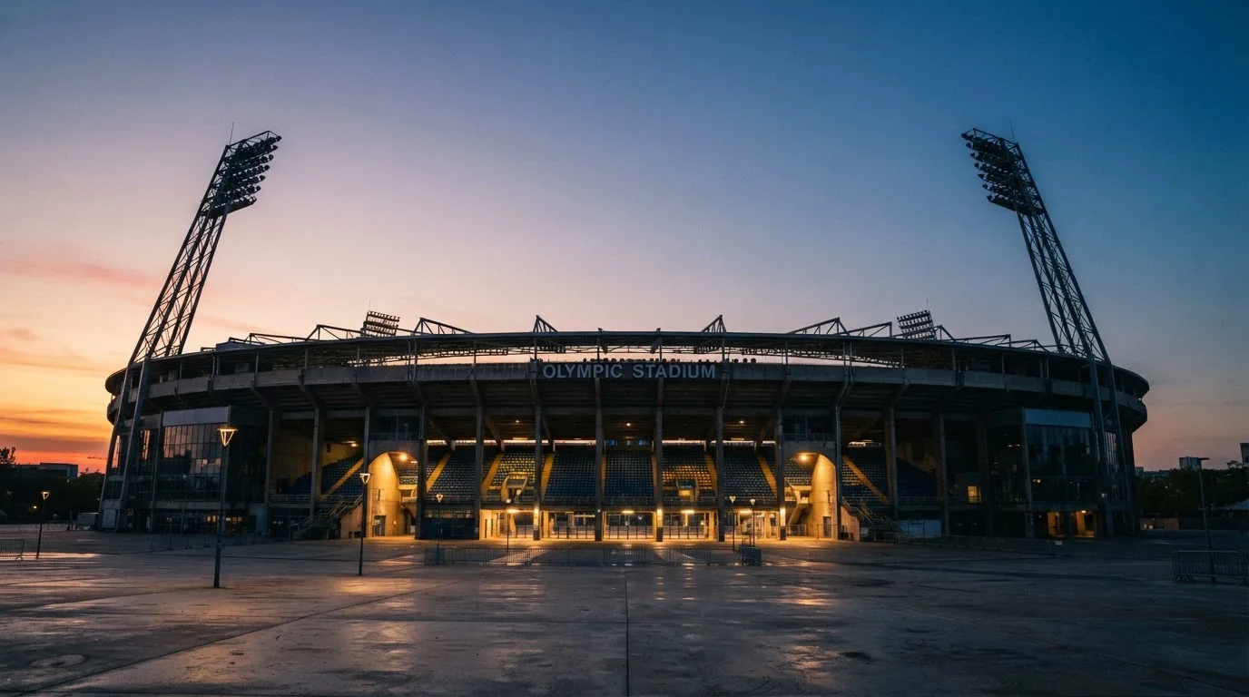 An empty football stadium with floodlight masts at dusk