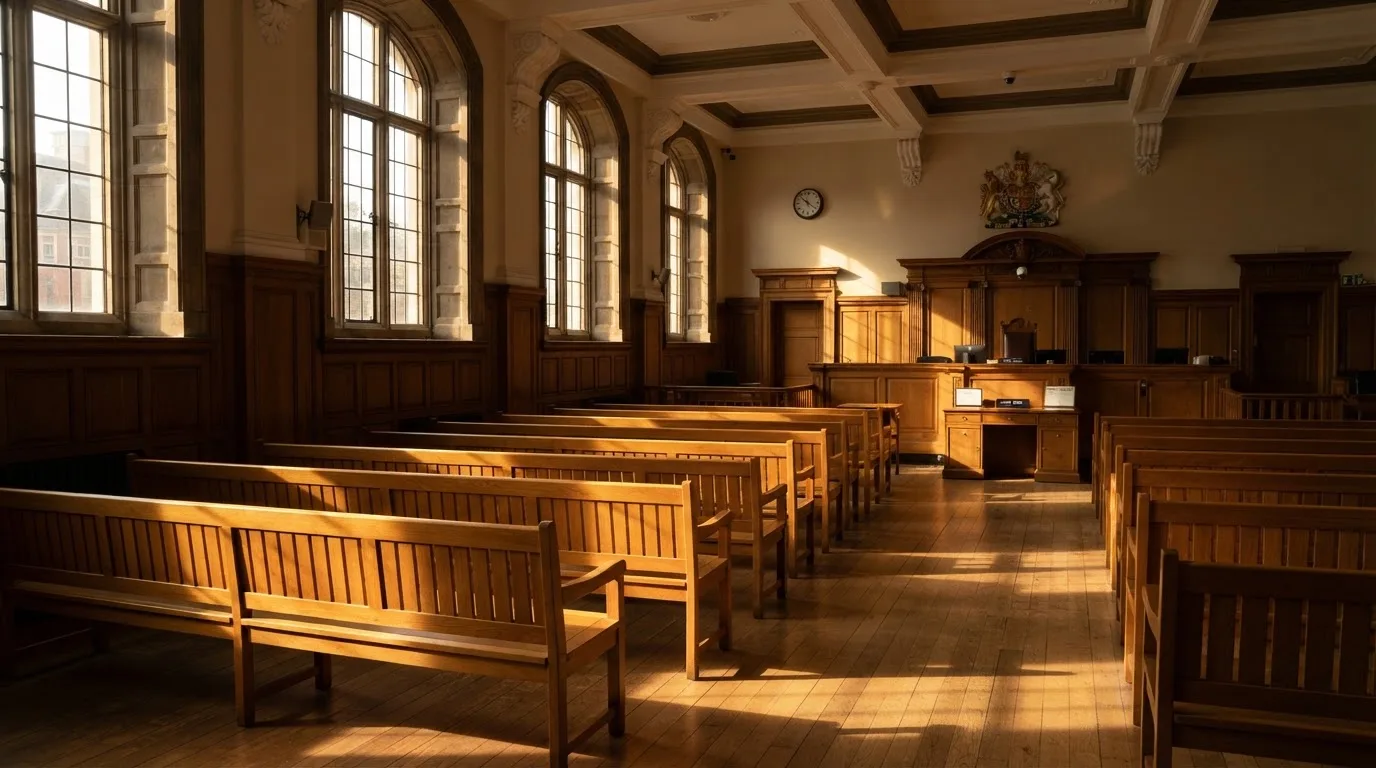 An empty courtroom with wooden benches in morning light