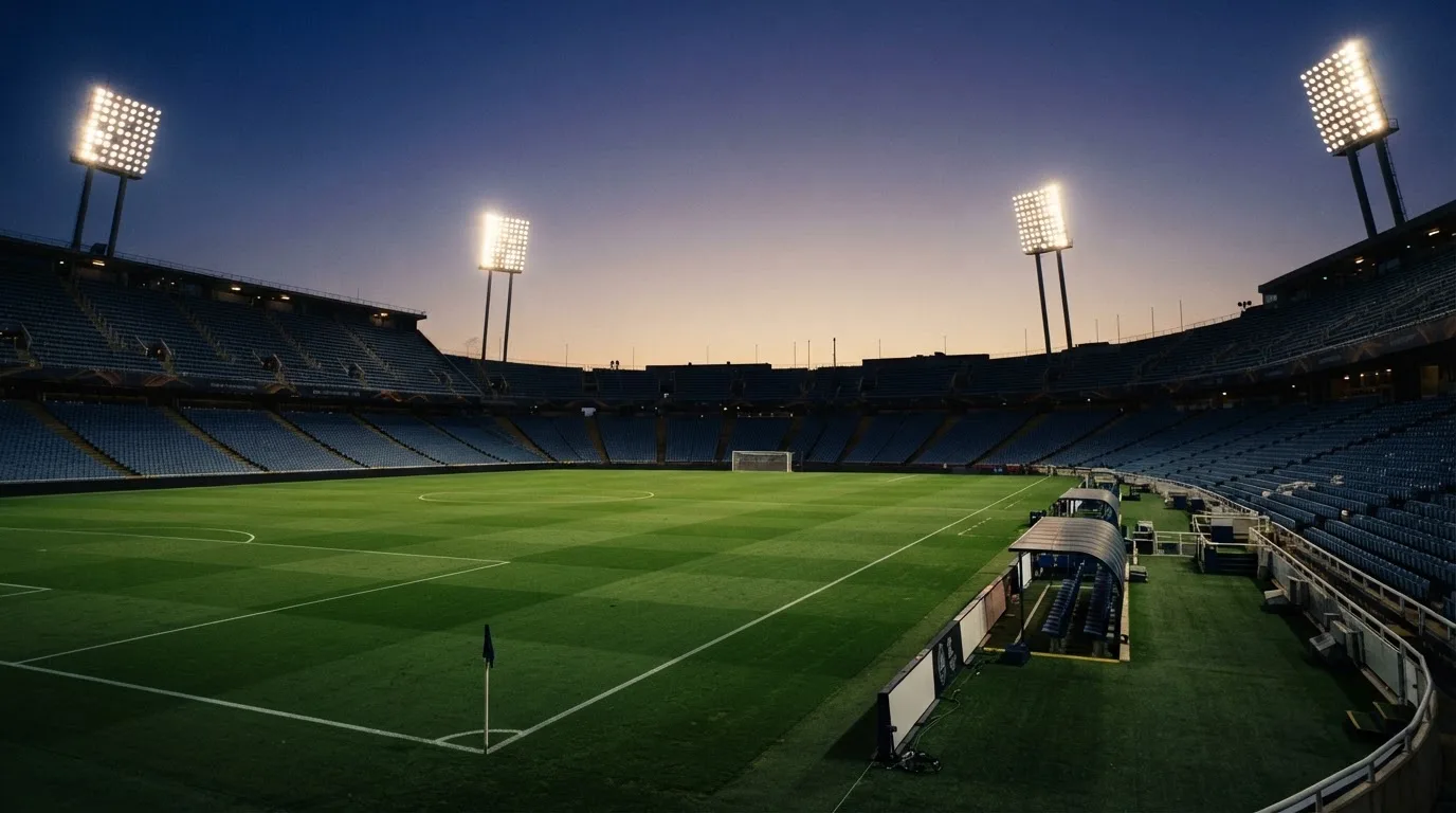 An empty football stadium with floodlight masts at dusk