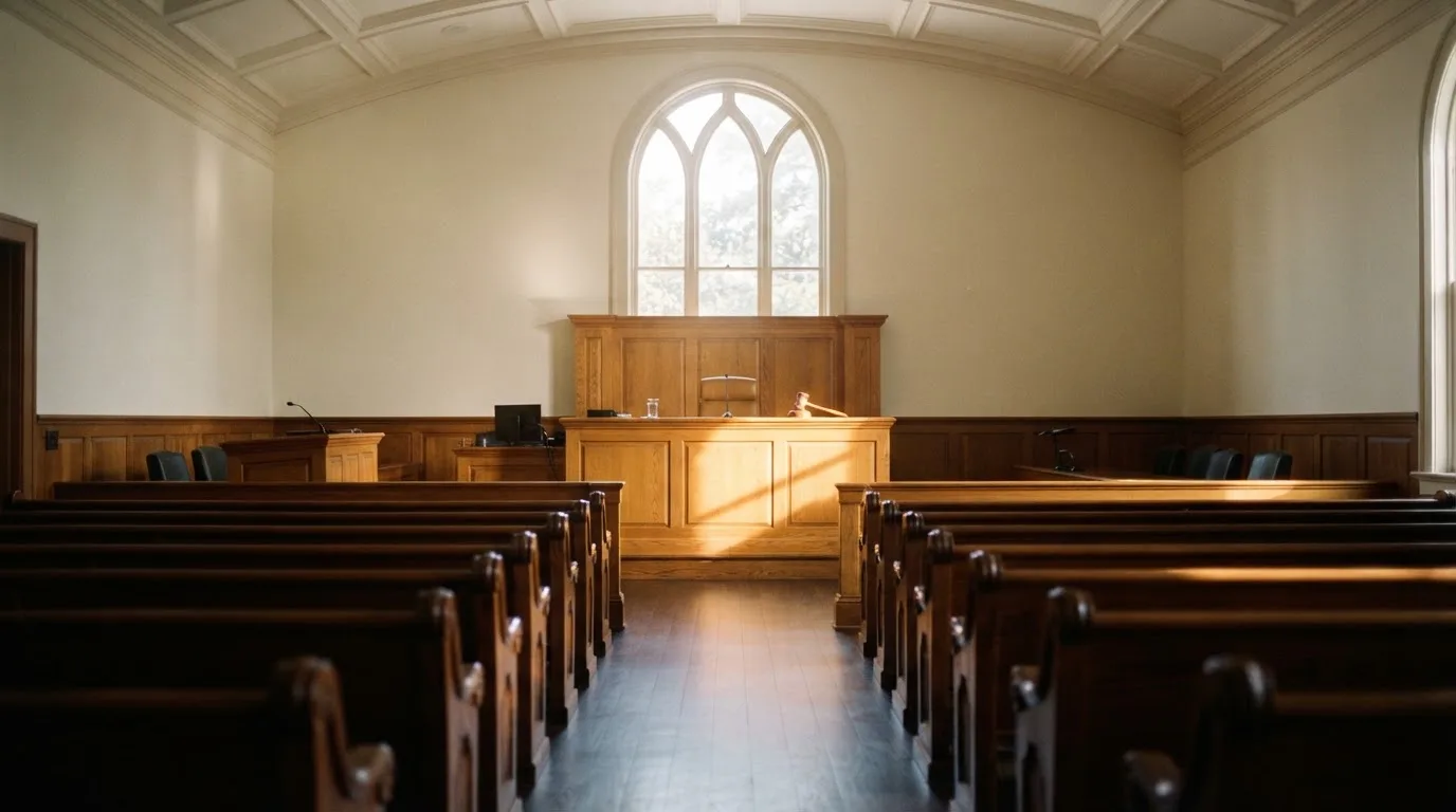 An empty courtroom with wooden benches in morning light