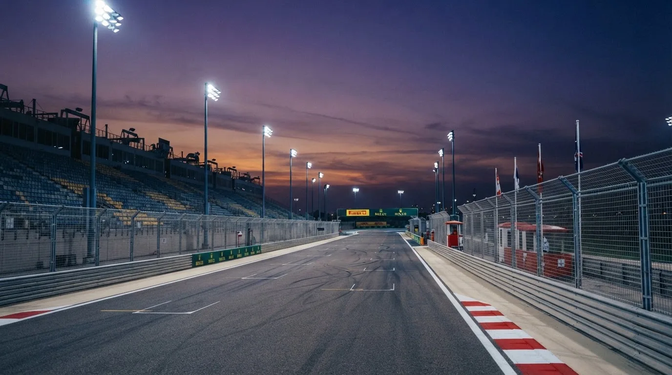 An empty football stadium with floodlight masts at dusk