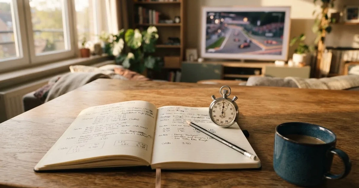 An open notebook with a pencil and a stopwatch on a wooden table