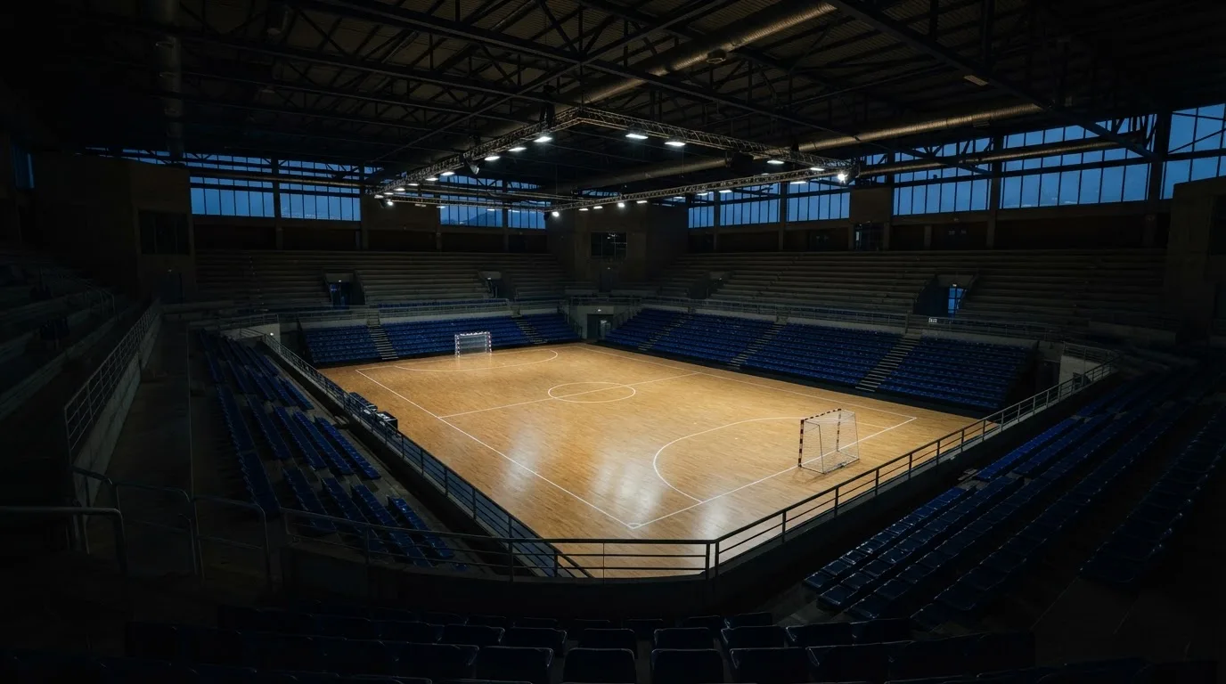 An empty football stadium with floodlight masts at dusk