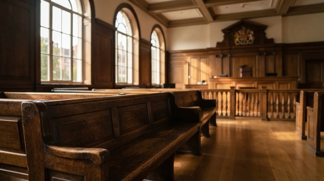 An empty courtroom with wooden benches in morning light