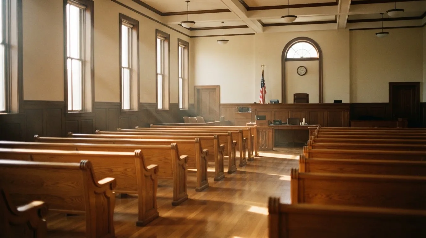An empty courtroom with wooden benches in morning light
