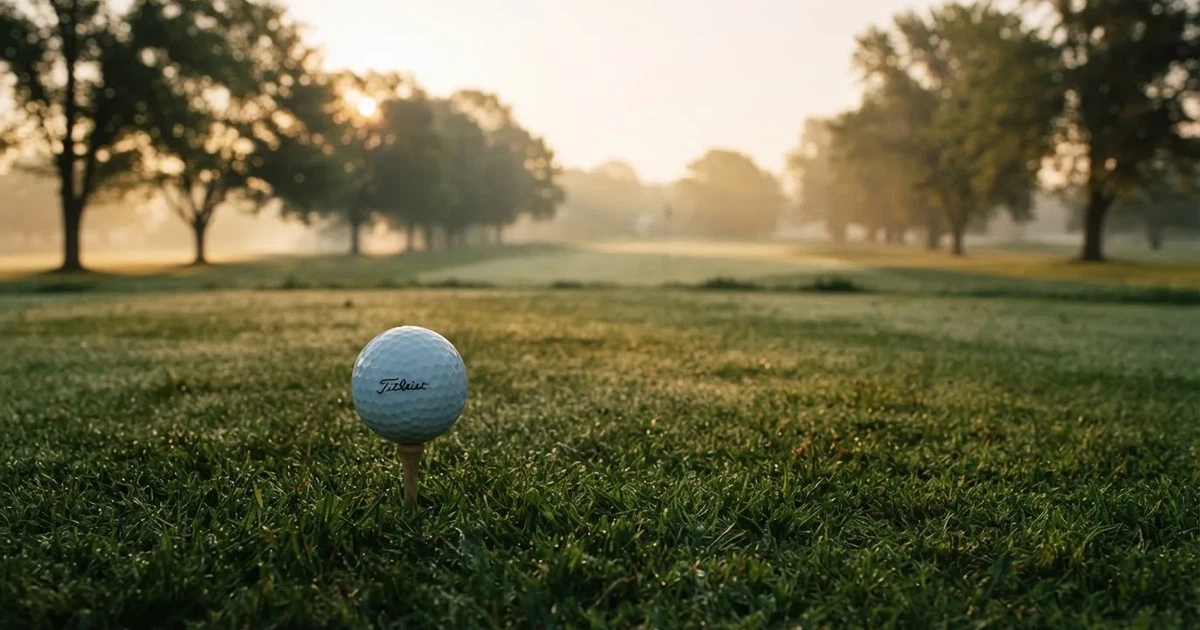 A ball on the centre spot of a grass pitch in morning light