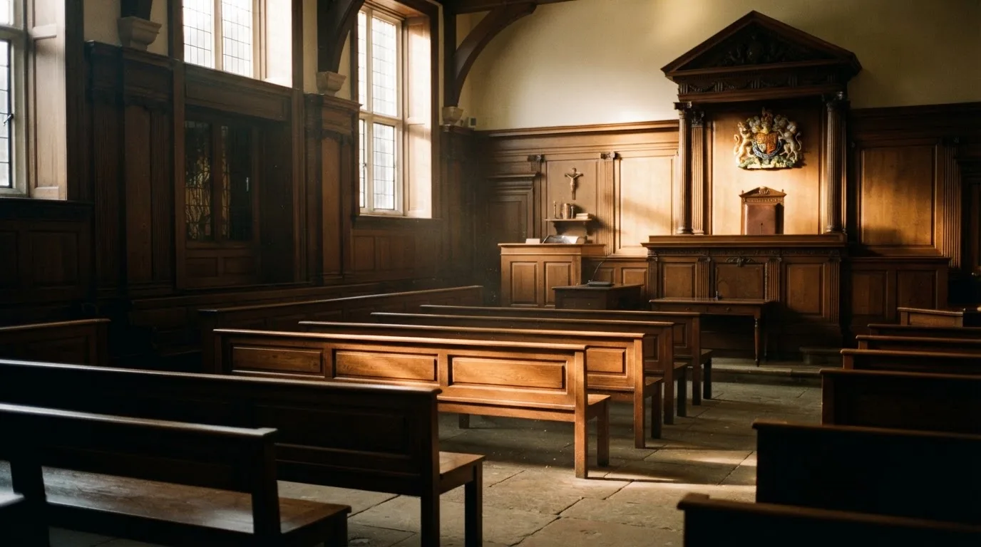 An empty courtroom with wooden benches in morning light