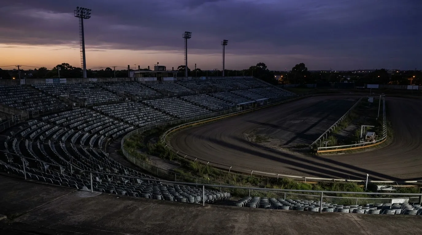 An empty football stadium with floodlight masts at dusk