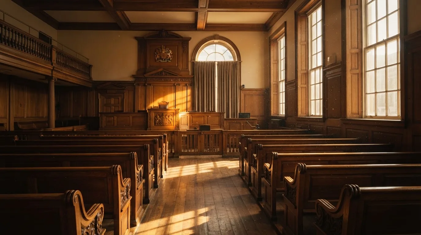 An empty courtroom with wooden benches in morning light