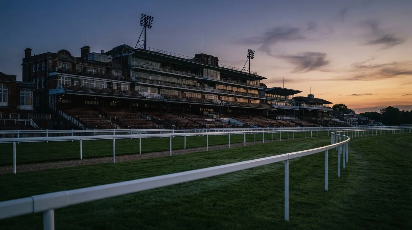 An empty football stadium with floodlight masts at dusk