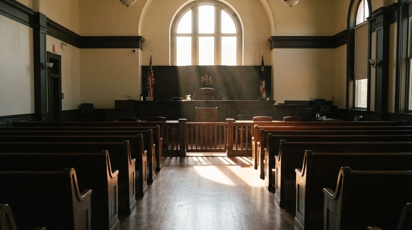 An empty courtroom with wooden benches in morning light