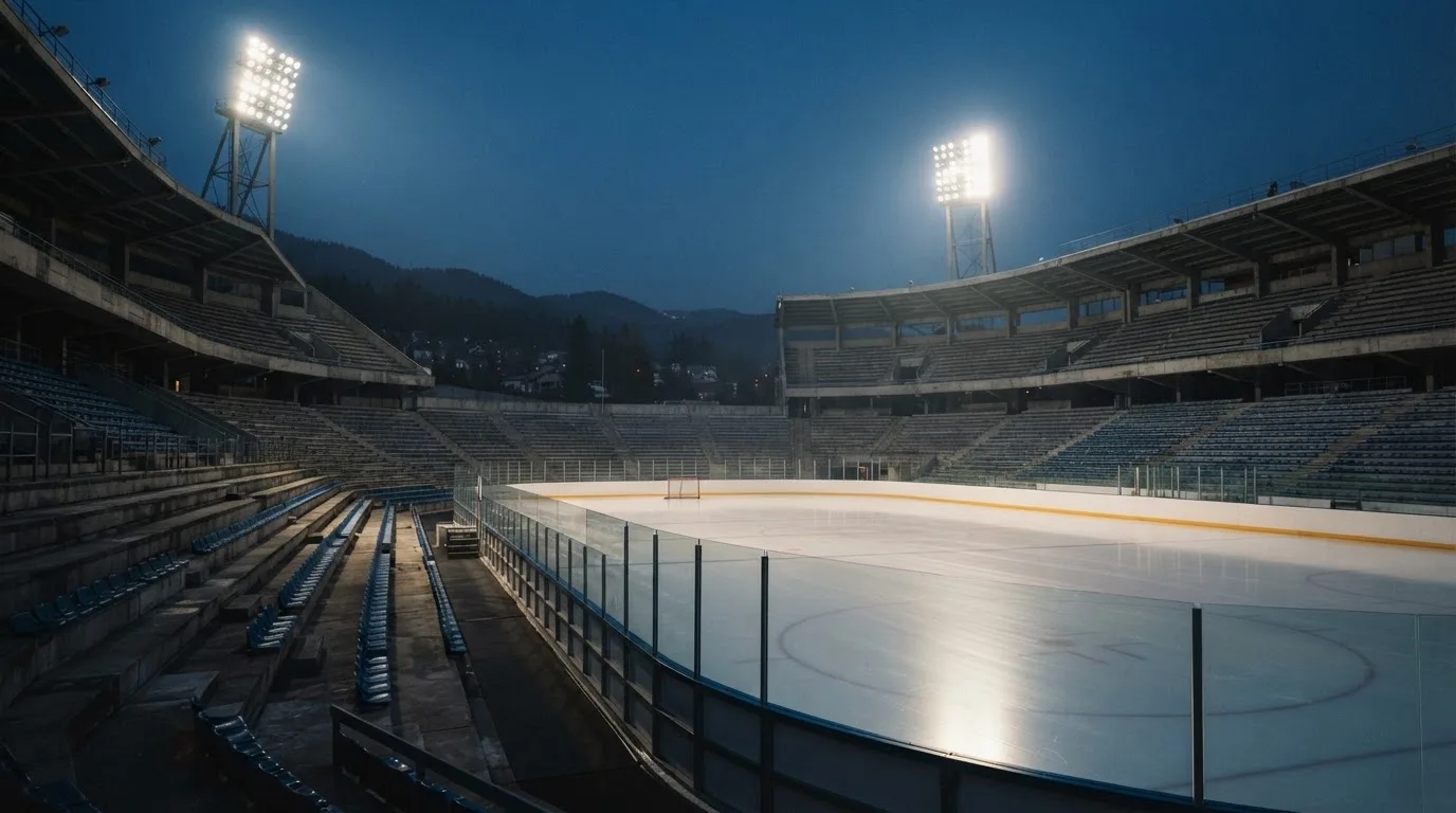An empty football stadium with floodlight masts at dusk