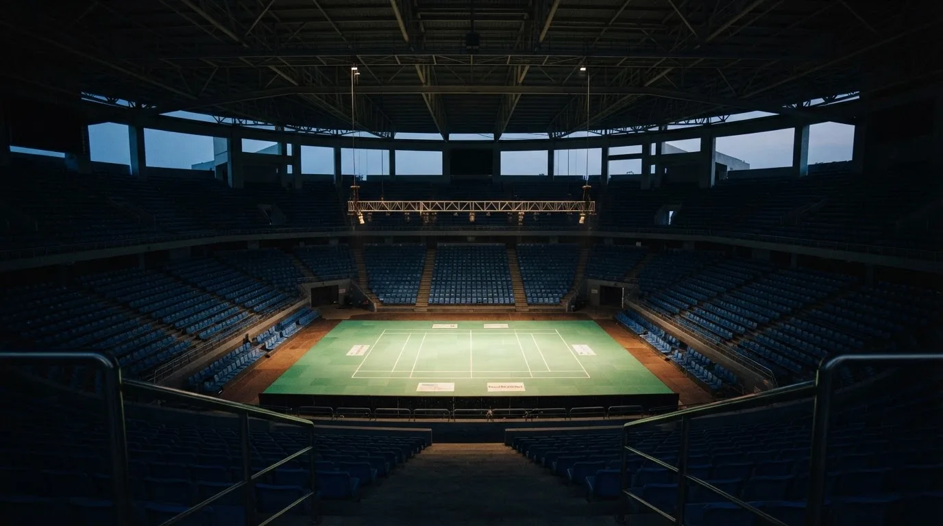 An empty football stadium with floodlight masts at dusk