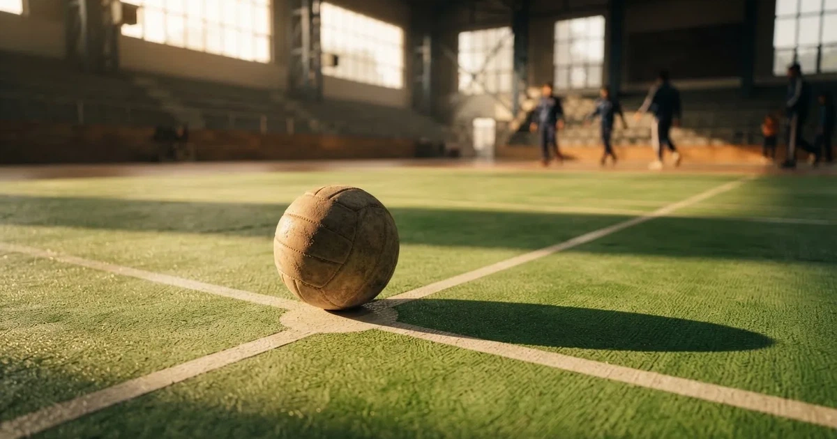 A ball on the centre spot of a grass pitch in morning light
