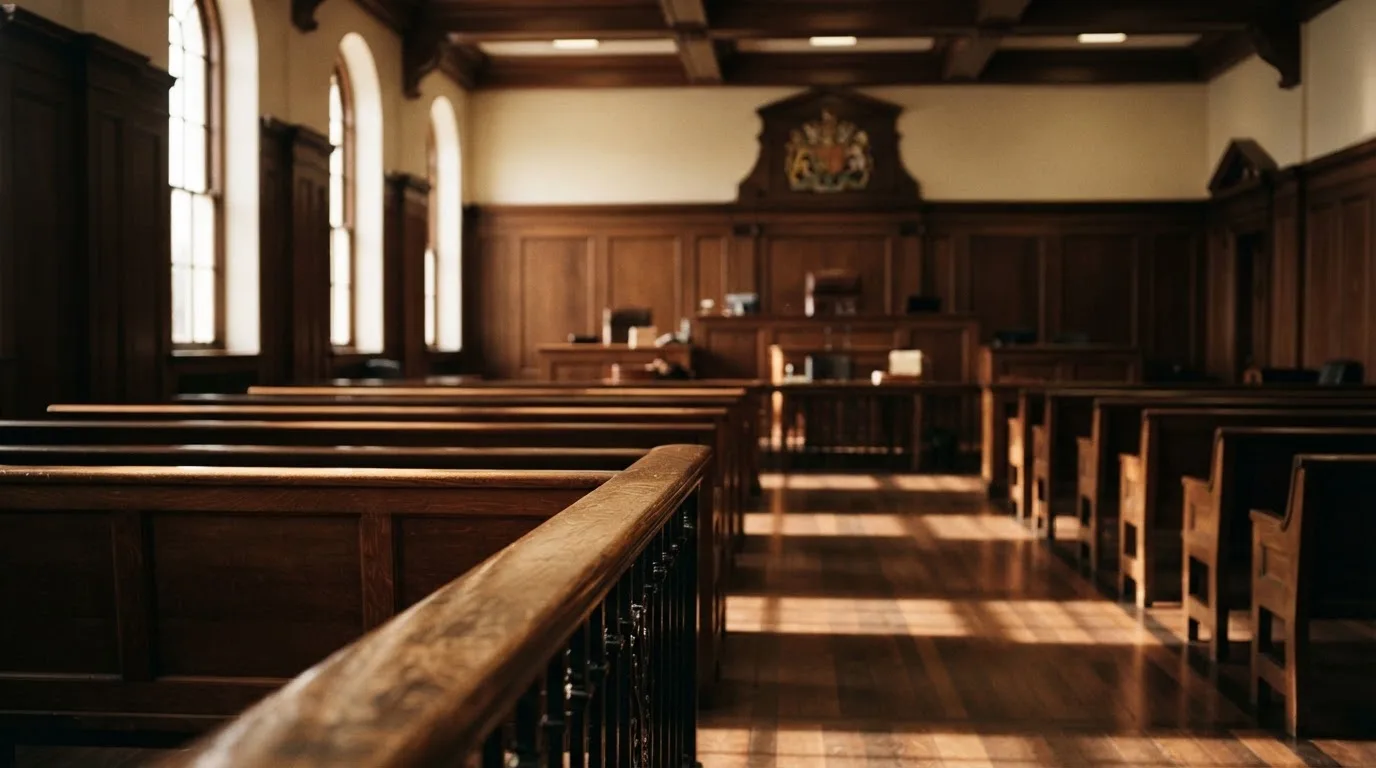 An empty courtroom with wooden benches in morning light