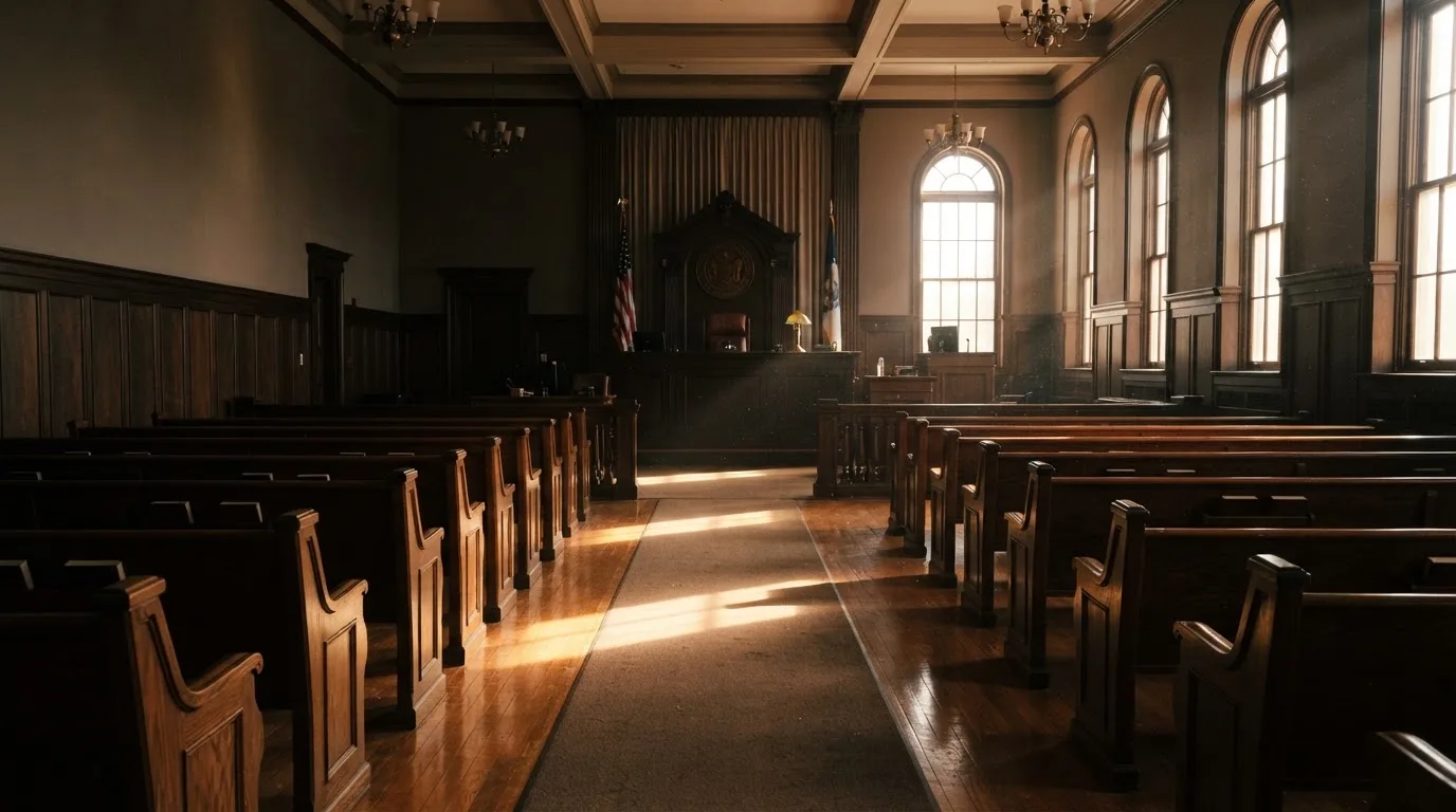 An empty courtroom with wooden benches in morning light