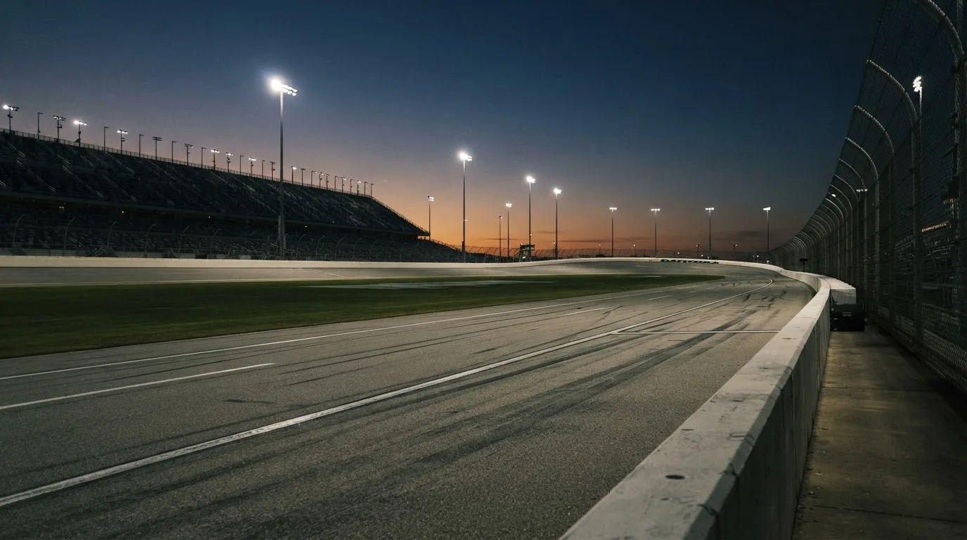 An empty football stadium with floodlight masts at dusk