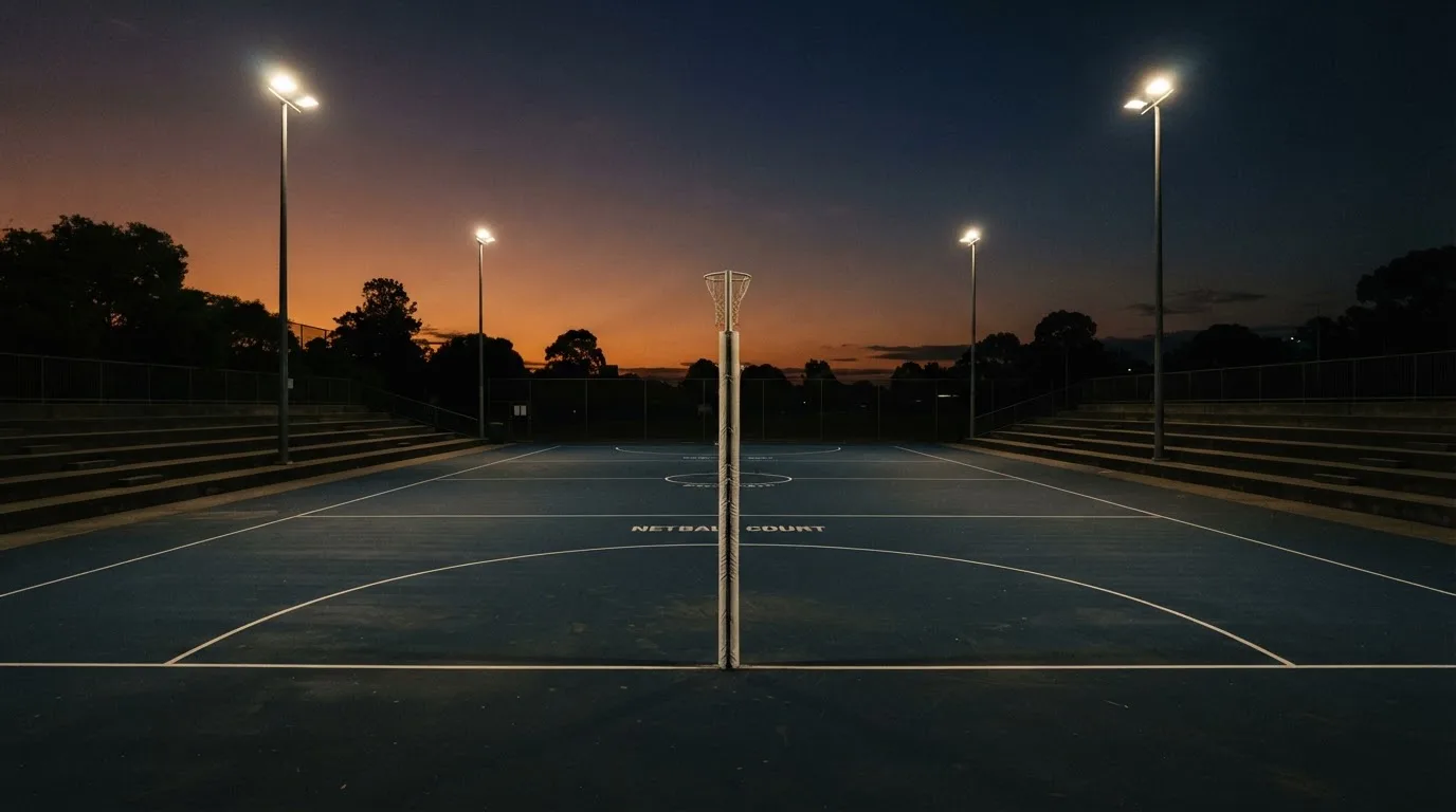An empty football stadium with floodlight masts at dusk