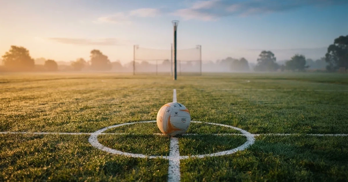 A ball on the centre spot of a grass pitch in morning light