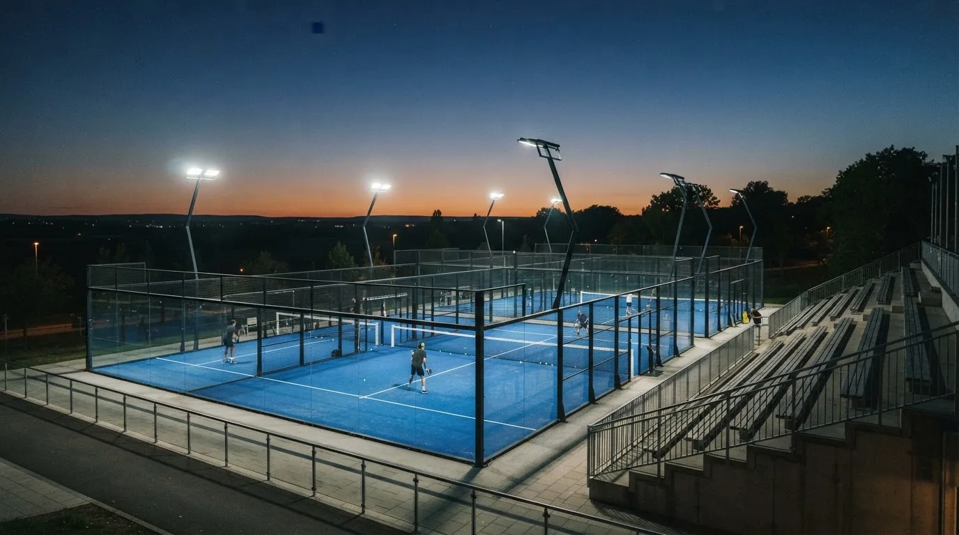 An empty football stadium with floodlight masts at dusk