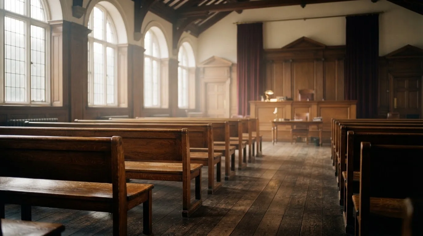 An empty courtroom with wooden benches in morning light