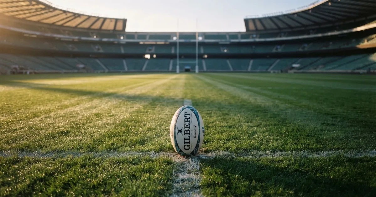 A ball on the centre spot of a grass pitch in morning light