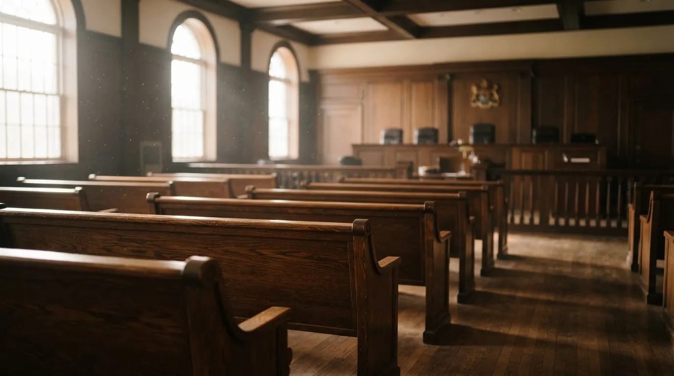 An empty courtroom with wooden benches in morning light