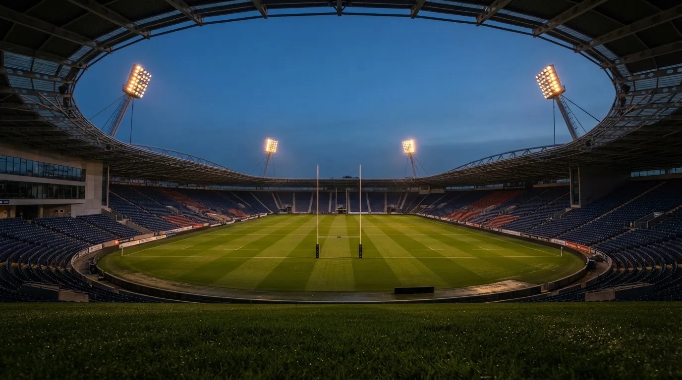 An empty football stadium with floodlight masts at dusk