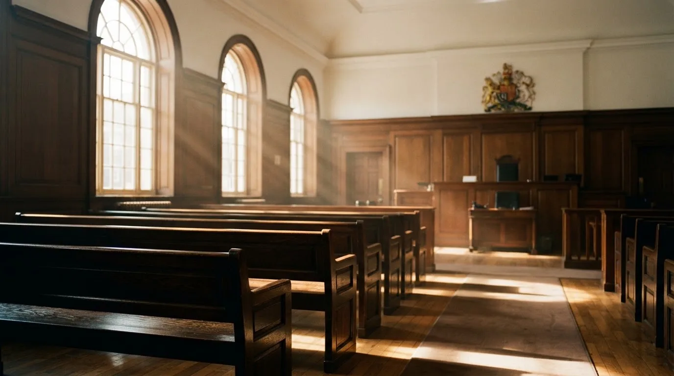 An empty courtroom with wooden benches in morning light