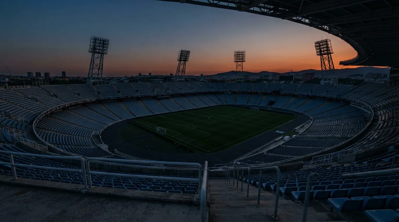 An empty football stadium with floodlight masts at dusk