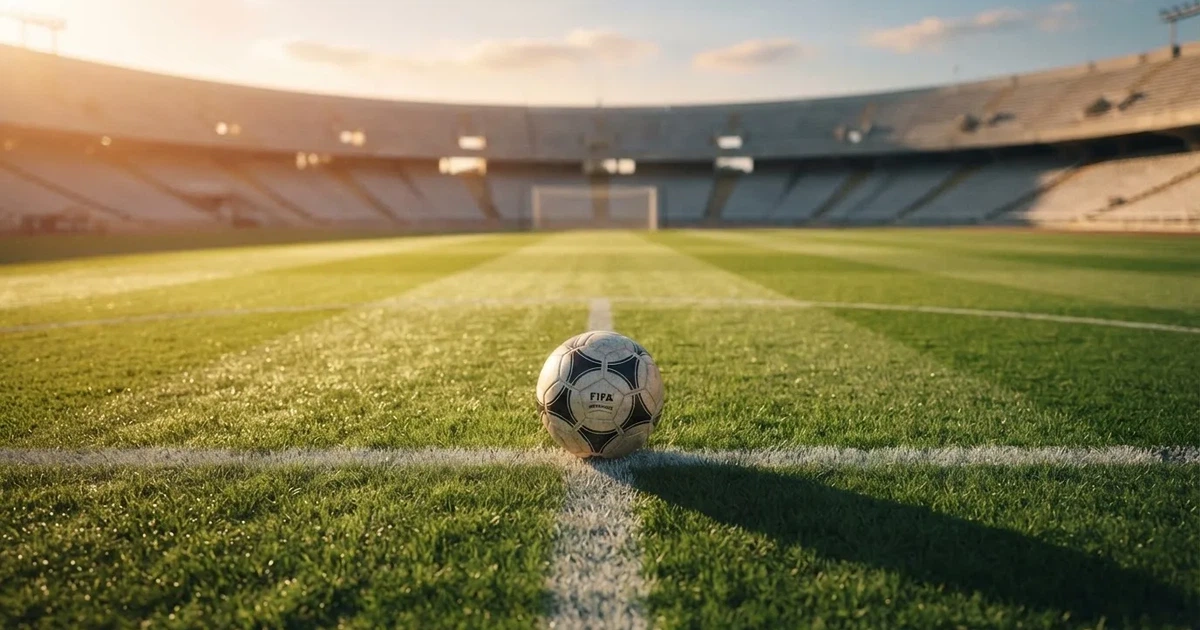 A ball on the centre spot of a grass pitch in morning light