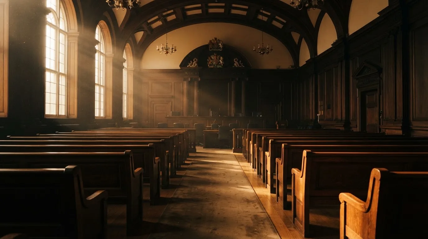 An empty courtroom with wooden benches in morning light