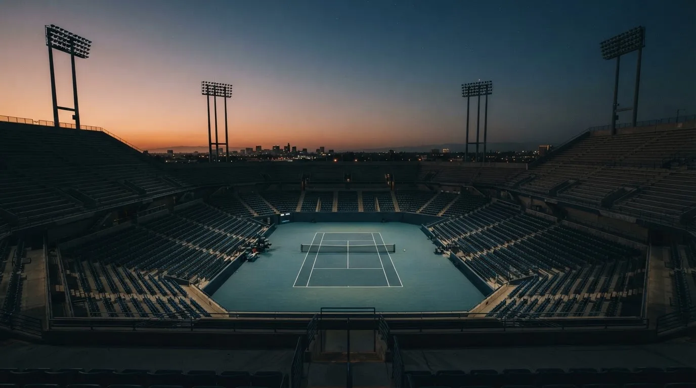 An empty football stadium with floodlight masts at dusk
