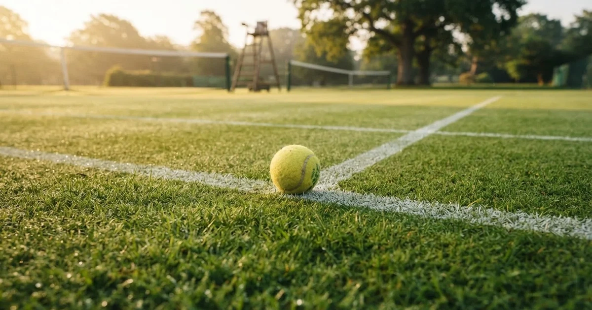 A ball on the centre spot of a grass pitch in morning light