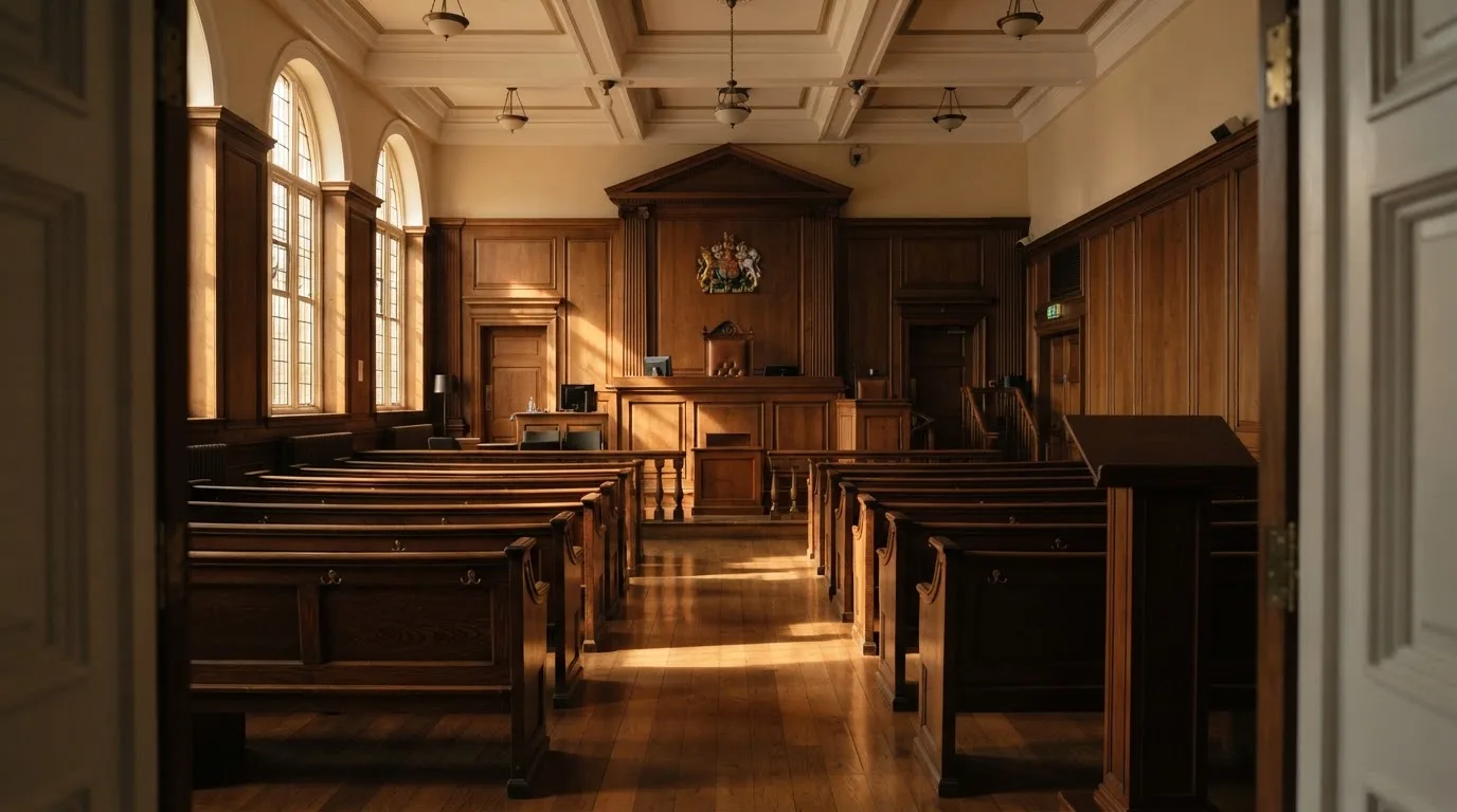 An empty courtroom with wooden benches in morning light