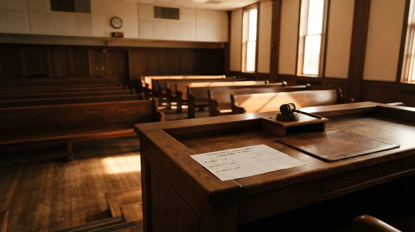 An empty courtroom with wooden benches in morning light
