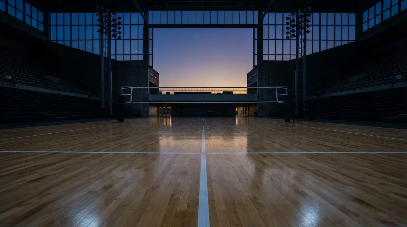 An empty football stadium with floodlight masts at dusk